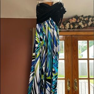 Black, blue and green one shoulder maxi dress